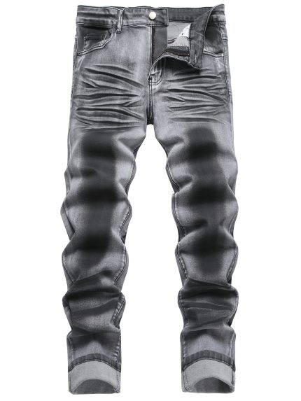 Men's Slim-Fit Gray Coated Denim Jeans - Stretch Print, Street Style, Machine Washable, Mid-Rise, All-Season Wear